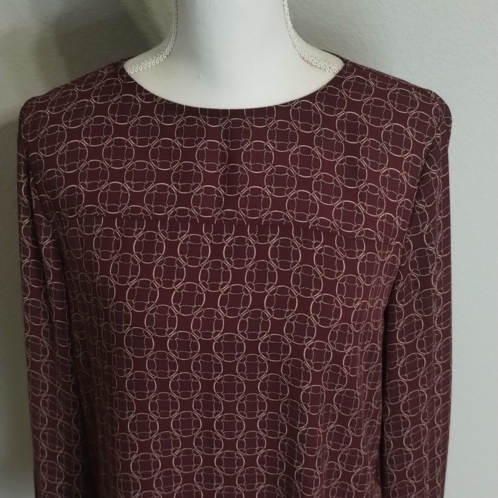 LOFT Blouse Size Small Chain Geometric Circle Print Long Sleeve Maroon - Picture 2 of 11